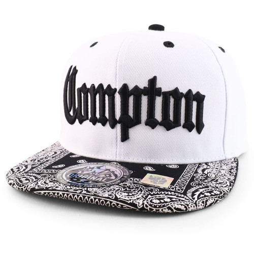 Trendy Apparel Shop Compton Old English Font Embroidered Bandana Flatbill Cap - White Black