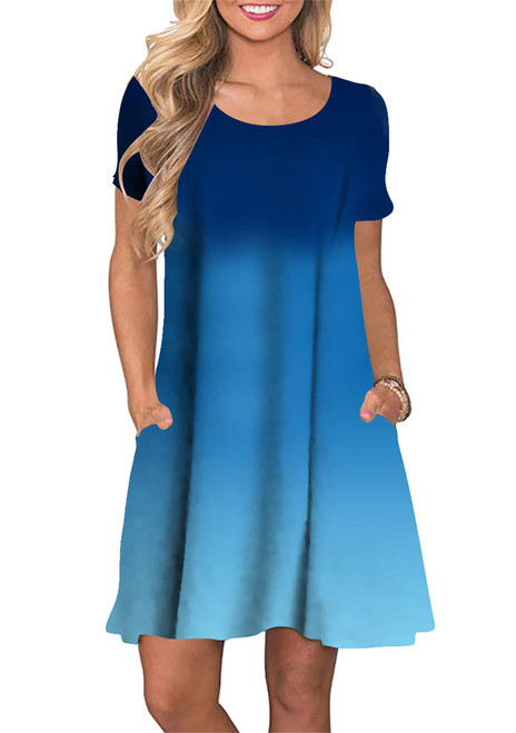 YMING Women's Summer Dress Short Sleeve Loose Swing Dress T Shirts Tunic Short Ombre Dress with Pockets Blue L