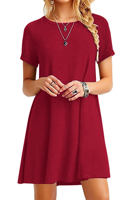 YMING Women Simple Loose Mini Dress Summer Flowy Plain Swing Short Sleeve Dress Red S YMING Women Simple Loose Mini Dress Summer Flowy Plain Swing Short Sleeve Dress Red S