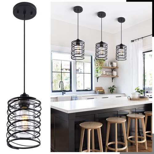 FLSFU Pendant Light Fixtures for Kitchen Island,Modern Mini Hanging Ceiling Lights with Black Spiral Cage Handblown Clear Seeded Glass Shade,Pendant Light Fixture for Dining Room Over Sink FLSFU Pendant Light Fixtures for Kitchen Island,Modern Mini Hanging Ceiling Lights with Black Spiral Cage Handblown Clear Seeded Glass Shade,Pendant Light Fixture for Dining Room Over Sink
