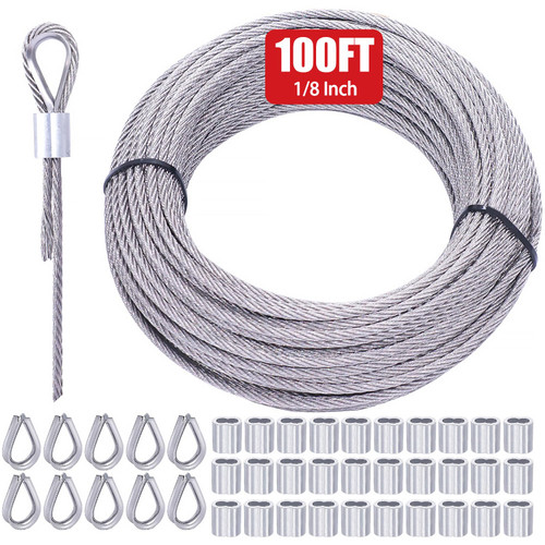 Twidec/100FT 1/8" T316 Stainless Steel Cable for Deck Cable Railing 7x7 Steel Wire Rope Construction with 30PCS Wire Rope Crimping Loop Sleeves 10PCS Wire Rope Thimbles for DIY Balustrades Handrail