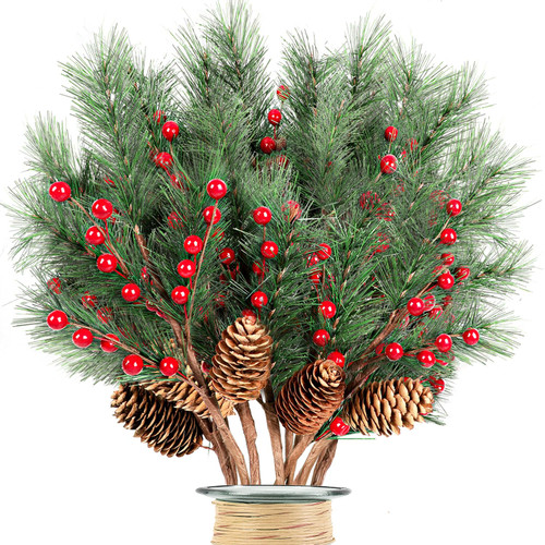 Sawowkuya 6 Pcs Christmas Flowers Artificial Pine Branches, Christmas Floral Picks with Pine Stems for Xmas Tree Wreath DIY Craft Floral Arrangement Home Decor