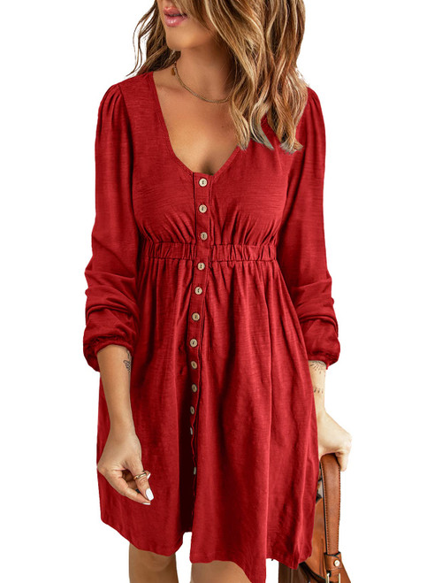 BLENCOT Casual Crew Neck Button Down Dresses for Women Loose Long Sleeve A-Line Swing Short Dress Red M