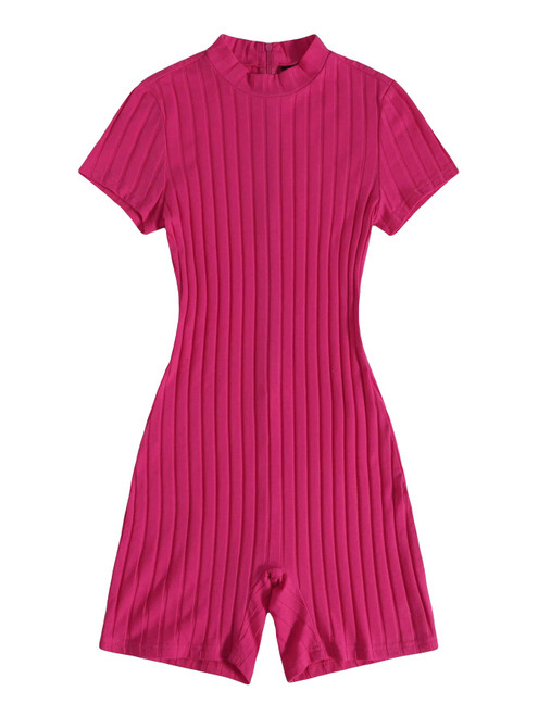 Floerns Women's Solid Mock Short Sleeve Ribbed Bodycon Shorts Romper Jumpsuit Hot Pink XS