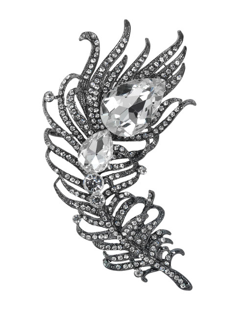 Gyn&Joy Gunmetal Tone Crystal Clear Rhinestone Large Feather Brooch Pin For Women