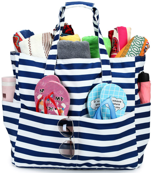 LEDAOU Large Beach Tote Bag Women Waterproof Sandproof Zipper for Pool Gym Grocery Travel with Wet Pocket (Blue White Stripe)