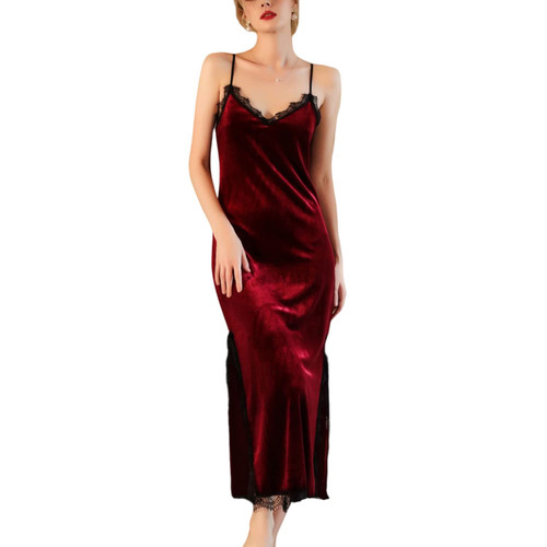 Rubruan Women Longer Velvet Lace Nightgowns Deep V Chemise Sexy Lingerie Nightdress Split Hem Sleeveless Cami Sleepwear Wine Red