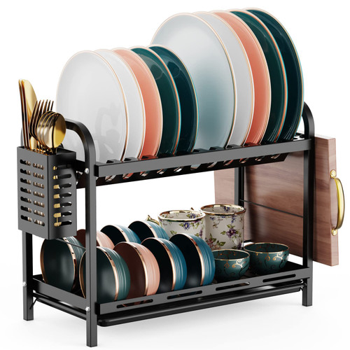 GSlife Dish Drying Rack, 2 Tier Rust-Resistant Dish Rack with Drainboard Compact Sturdy Dish Drainer with Utensil Holder, Cutting Board Holder for Kitchen Counter, Black