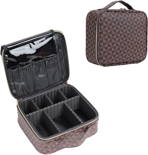 CHICREEN Brown Checkered Makeup Bag Large Travel Cosmetic Bag Organizer - Big Makeup Pouch Bag with Zipper for Beauty and Toiletries Travel Toiletry Bag for Women and Girls,Brown Checkered A