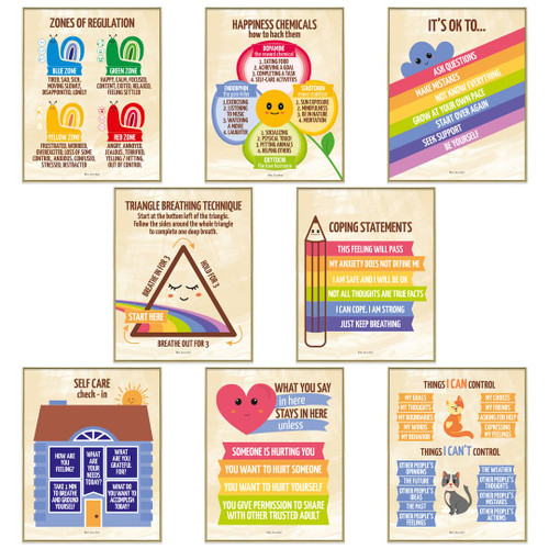 Mental Health Posters for Therapy Office Decor and Social Worker Office Decor | Classroom Posters and Feelings Posters for School Psychologist, School Counselor Office Decor | Set of 8 UNFRAMED Educational Posters, 11 x 14 Inches (Kids)