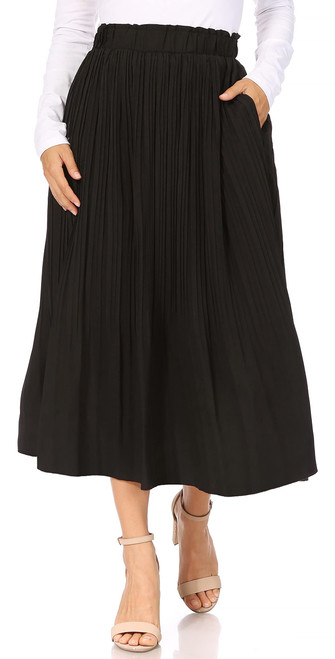 Pleated Black Skirt for Women with Pockets, Elastic High Waisted Black Midi Skirts Reg & Plus Size Womens Skirts, Winter Skirt (Medium, Black)