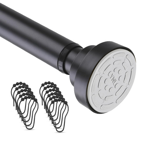 YNL Tension Curtain Rod 34-52 Inches Matte Black with 12pcs Shower Curtain Rings, No Drilling, and Non-Fall Down Adjustable Shower Rod for Laundry,Door, Closet and Window, Never Rust, Stainless Steel