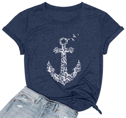 Anchor Shirt Women Boat Anchor Printed T-Shirt Nautical Shirt Funny Beach Shirt Summer Navy Sailor Vacation Tee Tops