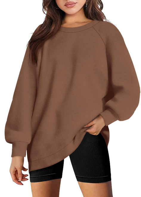 OFEEFAN Oversized Sweatshirt for Women Long Sleeve Casual Crewneck Womens Sweater Brown M