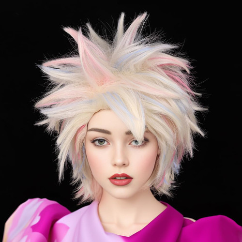 FantaLook Short Blonde Pink Blue Cosplay Wig for Women Halloween Costume