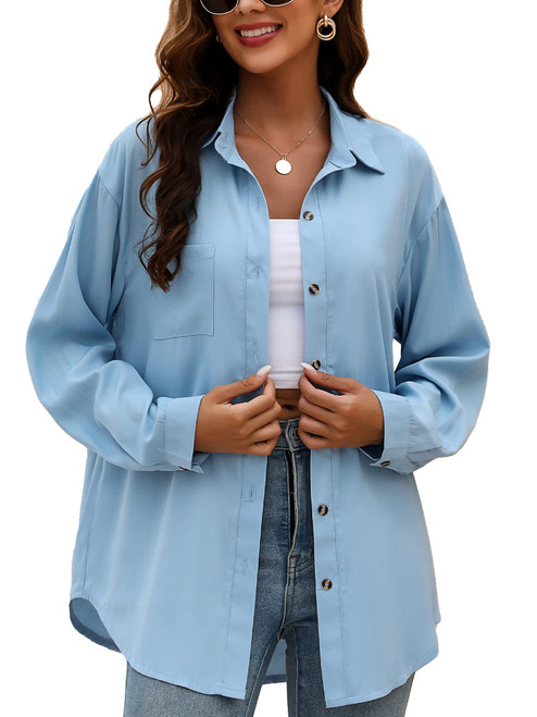 KYLELOVE Womens Long Sleeve Cooling Button Down Shirts Oversized Casual Work Blouses Summer Work Attires Sky Blue