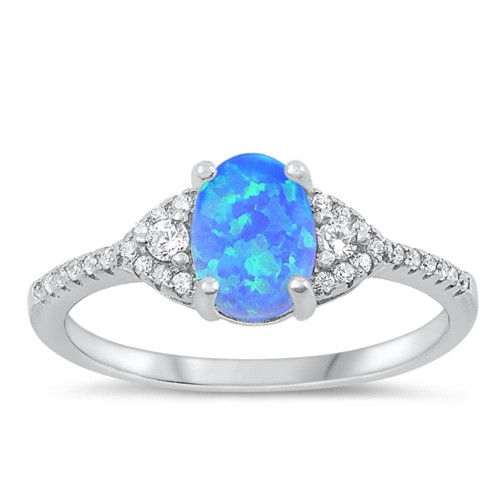 Clear CZ Blue Simulated Opal Polished Ring New .925 Sterling Silver Band Size 5