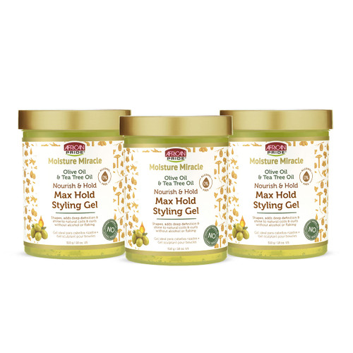 African Pride Moisture Miracle Olive & Tea Tree Oil Max Hold Styling Hair Gel (3 Pack), For Natural Coils & Curls, 18 oz