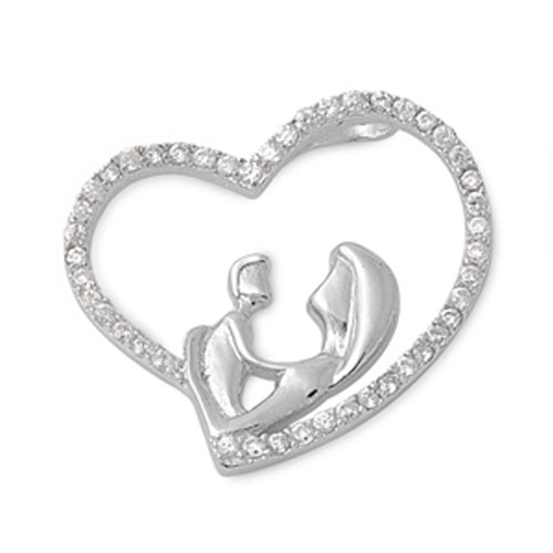 Mother and Heart Pendant Clear Simulated CZ .925 Sterling Silver Son Charm Mother and Heart Pendant Clear Simulated CZ .925 Sterling Silver Son Charm