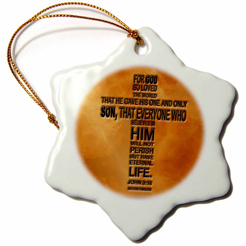 3dRose orn_29092_1 John 3 16 Bible Verse Embossed on a Copper Background Porcelain Snowflake Ornament, 3-Inch