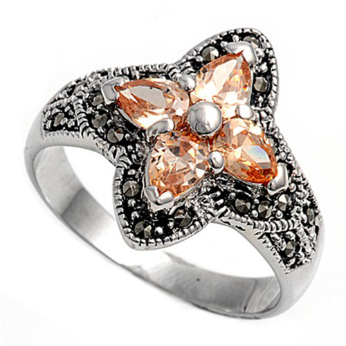 Clear CZ Unique Flower Polished Ring New .925 Sterling Silver Band Size 6