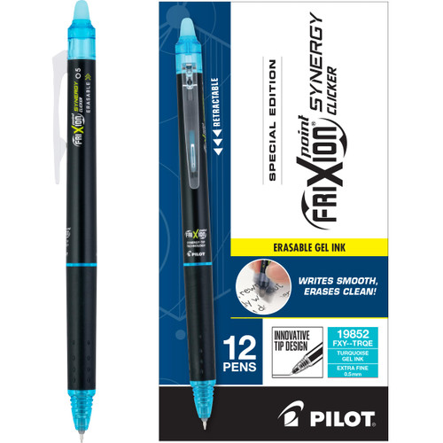 PILOT, FriXion Synergy Clicker Erasable, Refillable, Retractable Gel Ink Pens, Extra Fine Point 0.5 mm, Pack of 12, Turquoise Ink