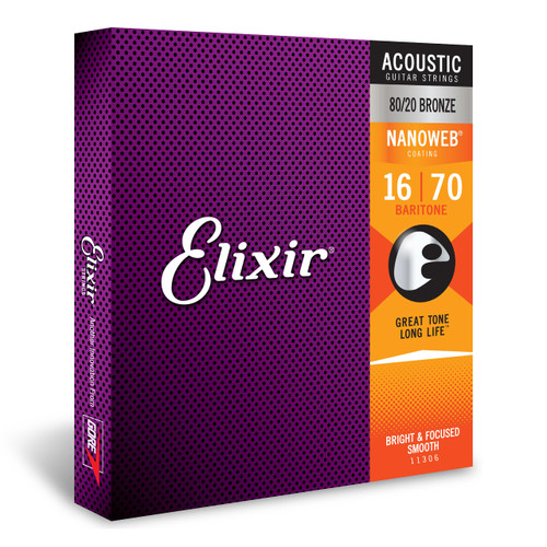 Elixir Strings - Acoustic 80/20 Bronze with NANOWEB Coating - Elixir Acoustic Guitar Strings - Baritone (.016-.070)