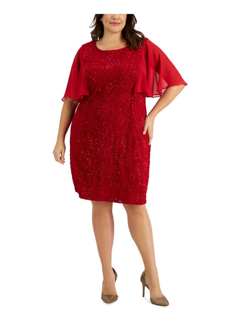 Connected Apparel Womens Plus Lace Sequined Sheath Dress Red 18W