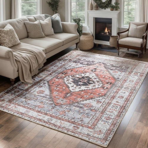 Bohemian Soft Area Rug - 3x5 Large Boho Vintage Bedroom Rug, Machine Washable Enterway Mat Non Slip Low Pile Carpet for Living Room Bedroom Dining Room Laundry Room (Red)