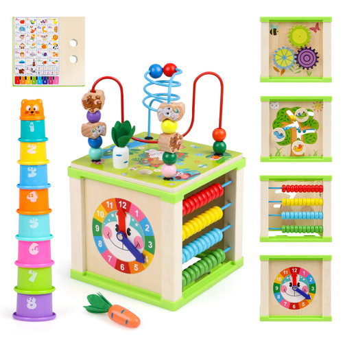 DIPALENT Wooden Activity Cube with Bead Maze and Abacus,Montessori Toys Gift Set for 12+ Months Boys & Girls,Educational Learning Toys for Toddlers Age 1+