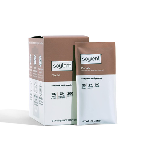 Soylent Complete Nutrition Vegan Protein Meal Replacement Powder Travel Pack, Cacao, 10 Ct.