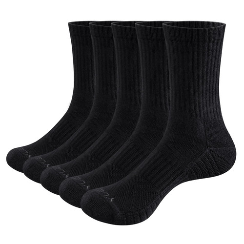 YUEDGE Men's Black Performance Training Athletic Socks Moisture Wicking Cotton Cushioned Crew Socks for Men 6-9, 5 Pairs/Pack