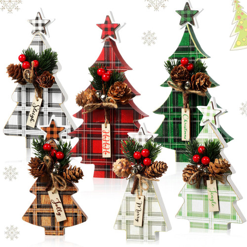 Capoda 6 Pcs Wooden Christmas Tree Tabletop Decorations Xmas Tree Centerpieces Rustic Christmas Tree Signs Xmas Tree Table Decor Xmas Tiered Tray Ornaments for Holiday Xmas Farmhouse Home (Star)