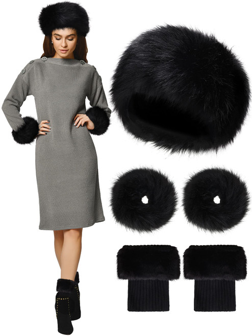 3 Pieces Winter Women Faux Fur Headband Leg Warmers Wrist Cuffs Set Winter Furry Bands Arm Warmer Earmuff Hat Plush Leg Warmers Fuzzy Leg Cuffs Russian Fur Hat Short Boot Cuff