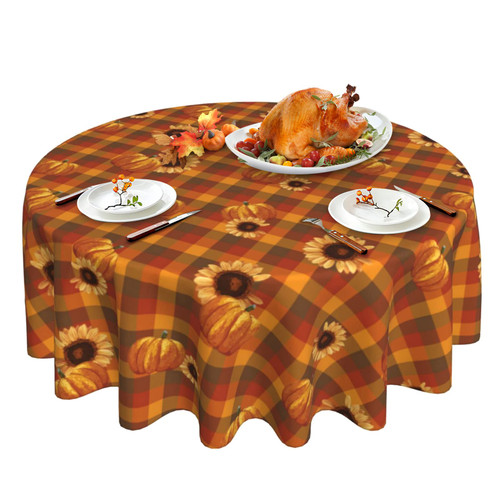 Oaxscug Fall Thanksgiving Round Tablecloth 70 Inch, Orange Plaid Sunflower Pumpkin Table Cloth for Autumn Rustic Farmhouse Kitchen Decor, Wipeable Polyester Fabric Table Cover for Holiday Party Oaxscug Fall Thanksgiving Round Tablecloth 70 Inch, Orange Plaid Sunflower Pumpkin Table Cloth for Autumn Rustic Farmhouse Kitchen Decor, Wipeable Polyester Fabric Table Cover for Holiday Party