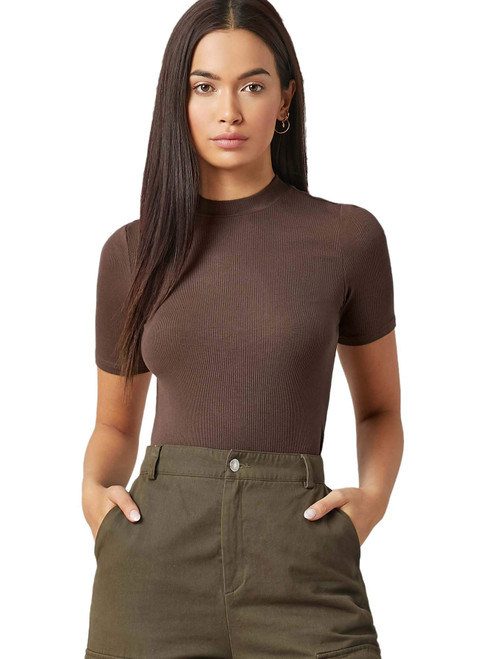 Floerns Women's Basic Mock Neck Short Sleeve Solid Rib Knit Tops Tee Shirts Chocolate Brown M