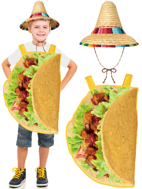 Xtinmee 2 Pcs Children's Halloween Food Costumes Taco Costume Mexican Style Serape Trim Straw Hat Funny Halloween Costume for Children Cosplay Outfit Clothes Party, One Size