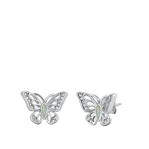 Sterling Silver Clear CZ White Simulated Opal Open Butterfly Stud Earrings 925 New