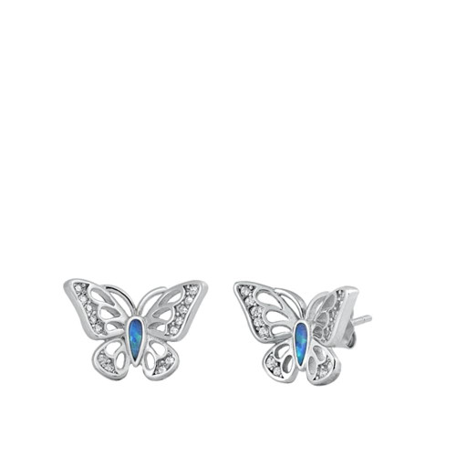 Sterling Silver Cute Blue Simulated Opal Butterfly Clear CZ Stud Earrings 925 New