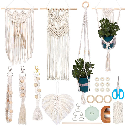INFUNLY 7 in 1 DIY Macrame Kit All in One Macrame Kits for Adults Beginners White Macrame Hanging Charms for Decoration Easy Macrame Keychain Kits Macrame Wall Hanging Ornaments with Instruction