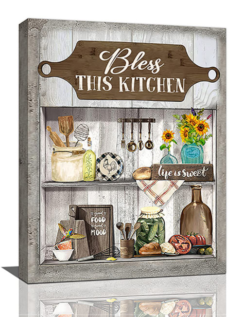 jamie world Farmhouse Kitchen Wall Art Country Sunflower Pickle Canvas Prints Painting Rustic Bless Kitchen Pictures Framed Artwork Home Decor for Canteen Restaurant Living Room 12''x16''