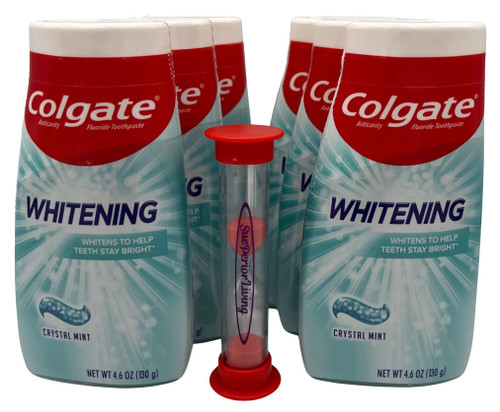 Whitening Toothpaste Bundle Includes Six 4.6 Ounce Gel Tubes of Colgate Whitening Toothpaste (Crystal Mint) - Total of 27.6 Ounces - Comes with a SuePerior Living Sand Timer