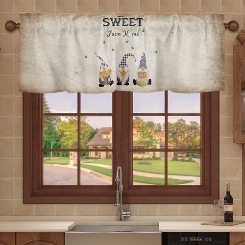 Kitchen Curtains, Farm Gnomes witn Sunflower, Rice, Wheat and Bees on Purple Valances for Windows, Bathroom Curtains Window 42x12in Rod Pocket Valance Curtains, Kitchen Window Curtains Over Sink