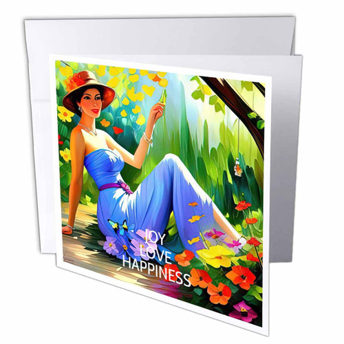 3dRose Joy. Love. Happiness. Pretty woman sits on the ground in the... - Greeting Cards (gc-379024-5)