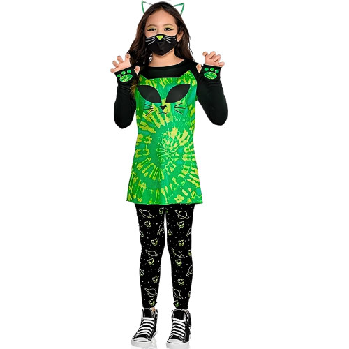Amscan Cosmic Kitty Costume Set - Small (4-6) - Black, Green & Yellow Polyester Spandex - Perfect for Parties, Halloween & Dress-up