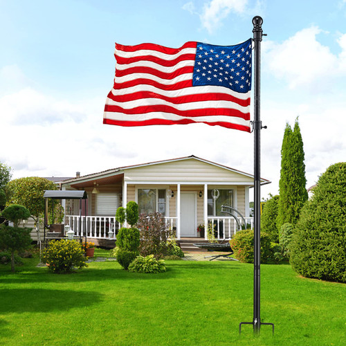 Oliynedy Ground Flag Poles for Outside House inground, Black Outdoor Flag Pole Kit with American Flag, 8ft Portable Yard Background Flag Pole Stand with Prongs, 70"