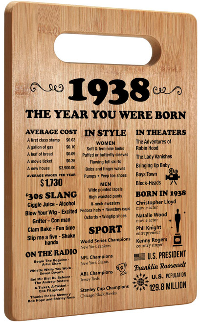 85th Birthday Gifts for Women Men, 85 Year Old Birthday Gifts, 1938 Poster, Back In 1938 Cutting Board, 85th Birthday Decorations
