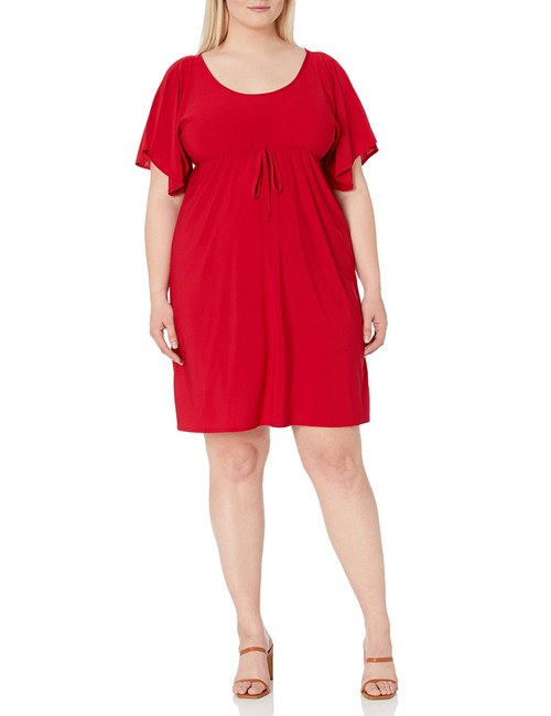 Star Vixen Women's Plus-Size Flutter Sleeve Empire Drawstring Dress, Red, 2X