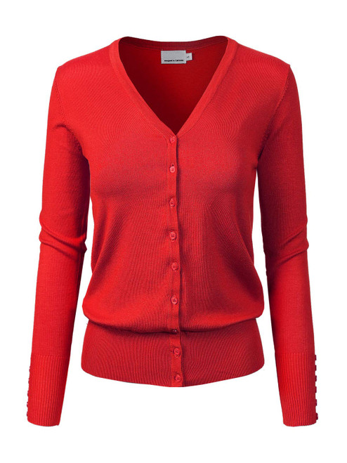 Design by Olivia Women's Classic Button Down Long Sleeve V-Neck Soft Knit Sweater Cardigan Red L