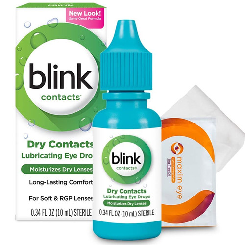 Blink Contacts Lubricant Eye Drops Mild-Moderate, Blink Eye Drops for Dry Eyes 10 ml Bundled with 1 Tea Tree Oil Eyelid/Eyelash Wipe